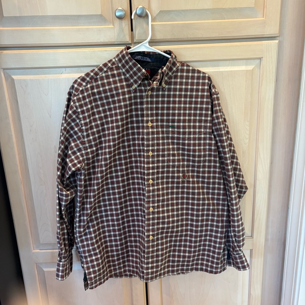 Men's Tommy Hilfiger cream, red & navy plaid button down shirt  | men’s small